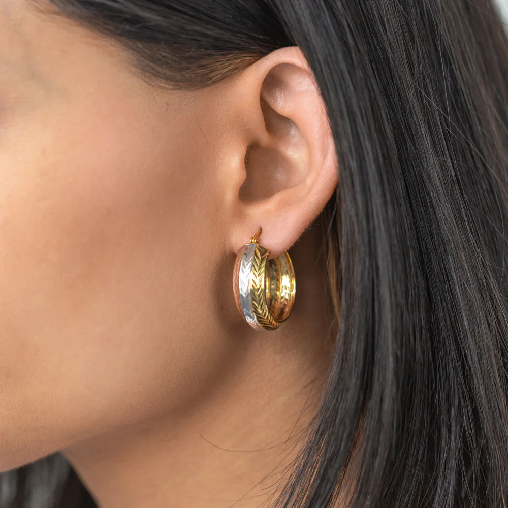 Sterling Silver 9mmx25mm Rose and Gold Plated Patterned Fancy Hoop Earrings - Image 2
