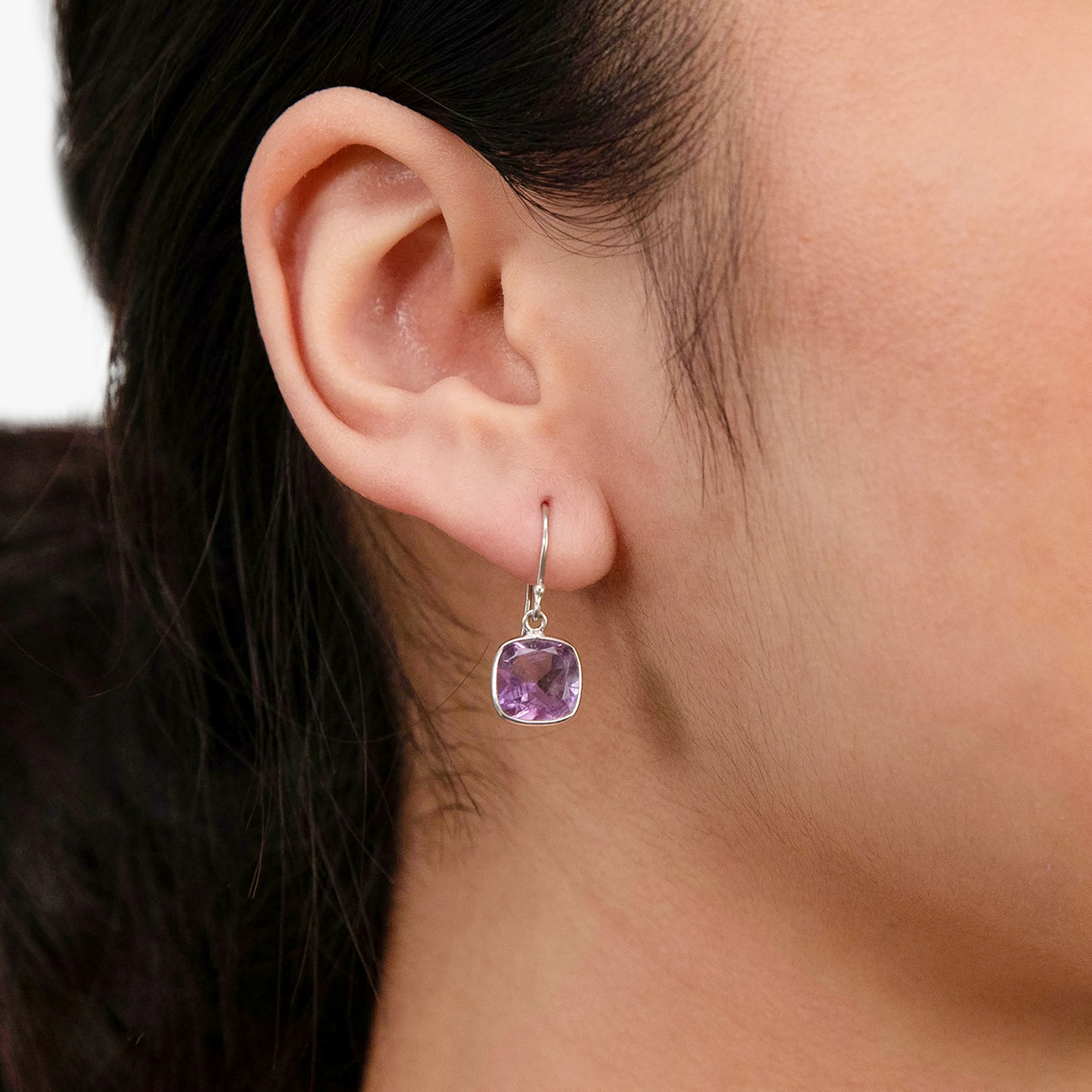 Sterling Silver Amethyst Cushion Cut Hook Drop Earrings - Image 2