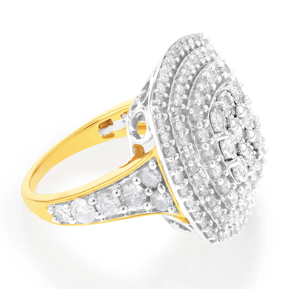 Sterling Silver and 9ct Yellow Gold 2 Carat Diamond Cushion Shape Cluster Ring - Image 2