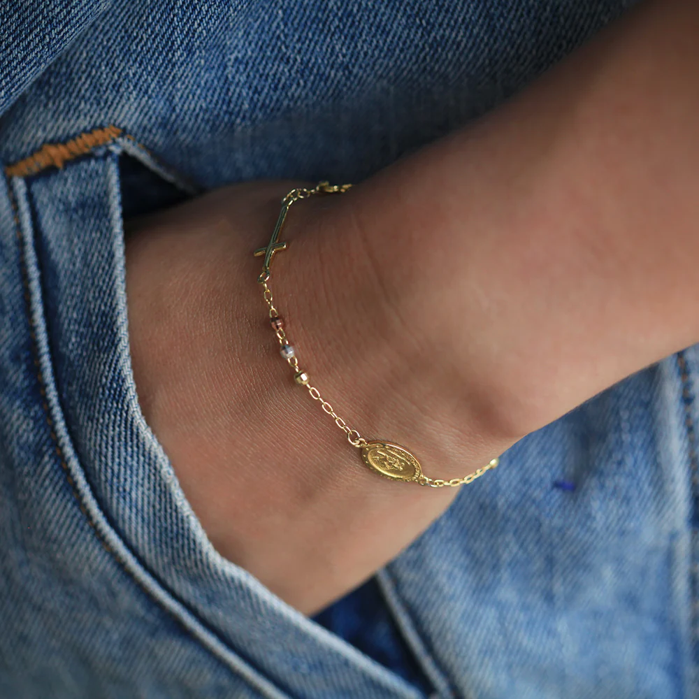 Sterling Silver and Gold Plated Oval Medallion and Cross Bracelet - Image 4