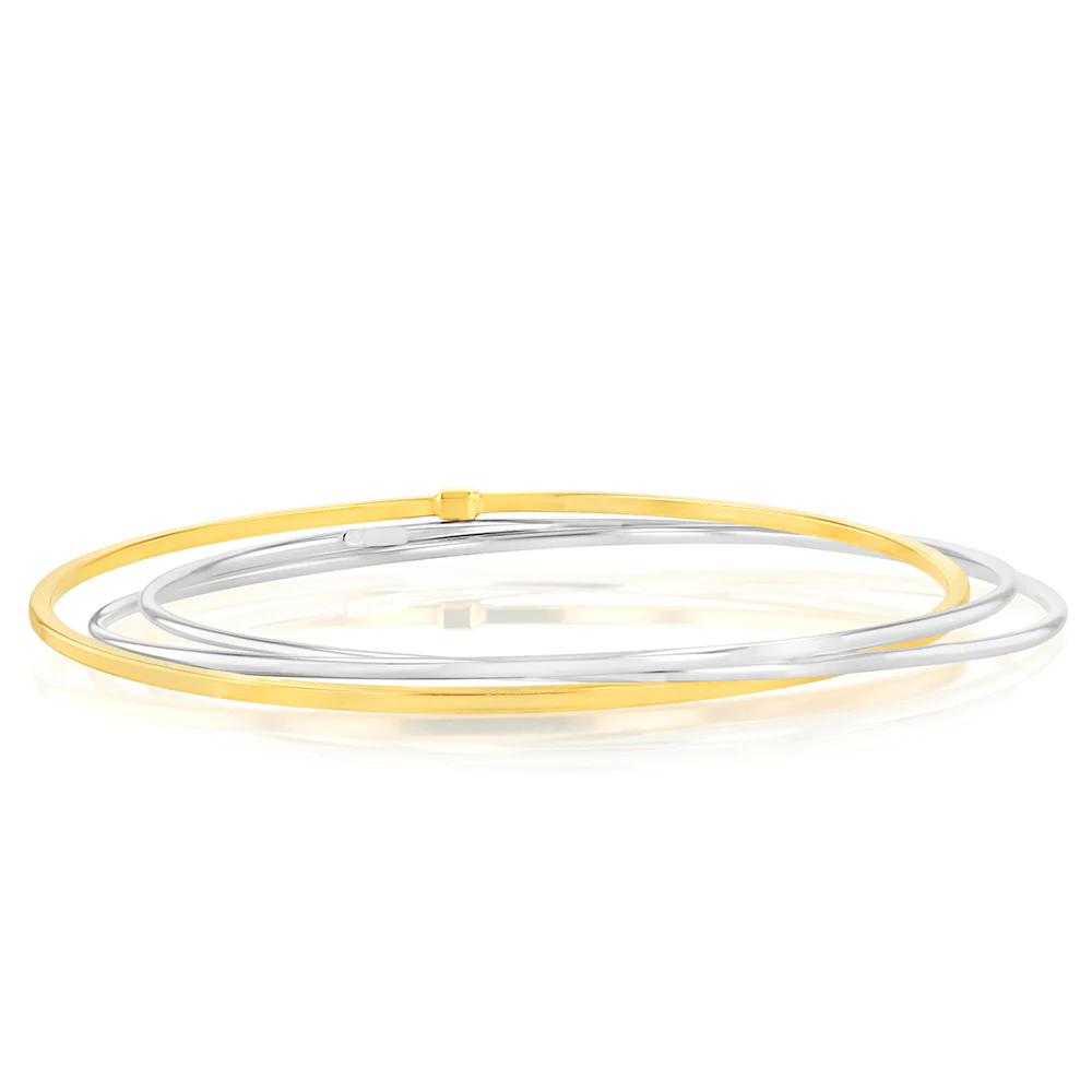 Sterling Silver And Gold Plated Two Tone Set of Three 65mm Bangles