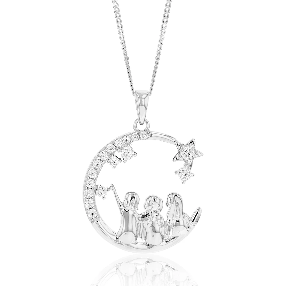 Sterling Silver And Rhodium Cubic Zirconia Half Moon With Three Sisters Pendant