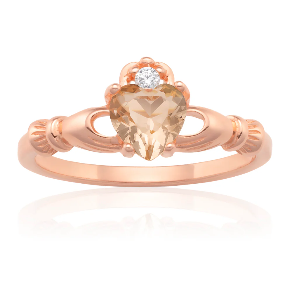 Sterling Silver and Rose Plated Crystal and Zirconia Claddagh Ring *No Resize*