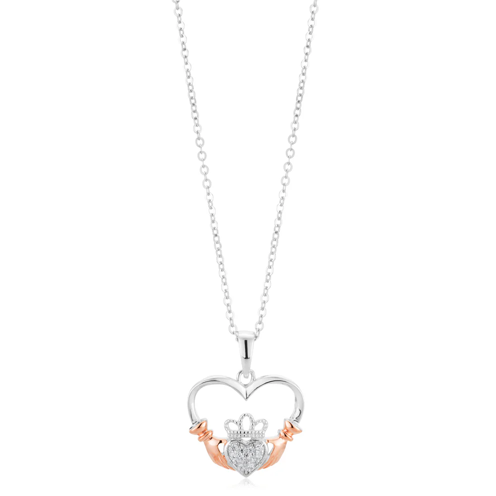 Sterling Silver and Rose Plated Zirconia Claddagh Pendant