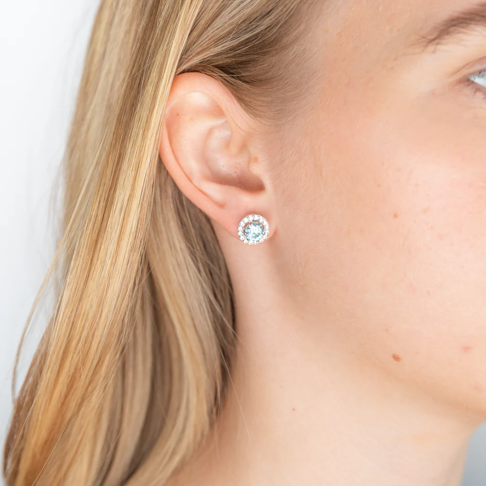 Sterling Silver Aqua Cubic Zirconia + White Cubic Zirconia Stud Earrings - Image 2