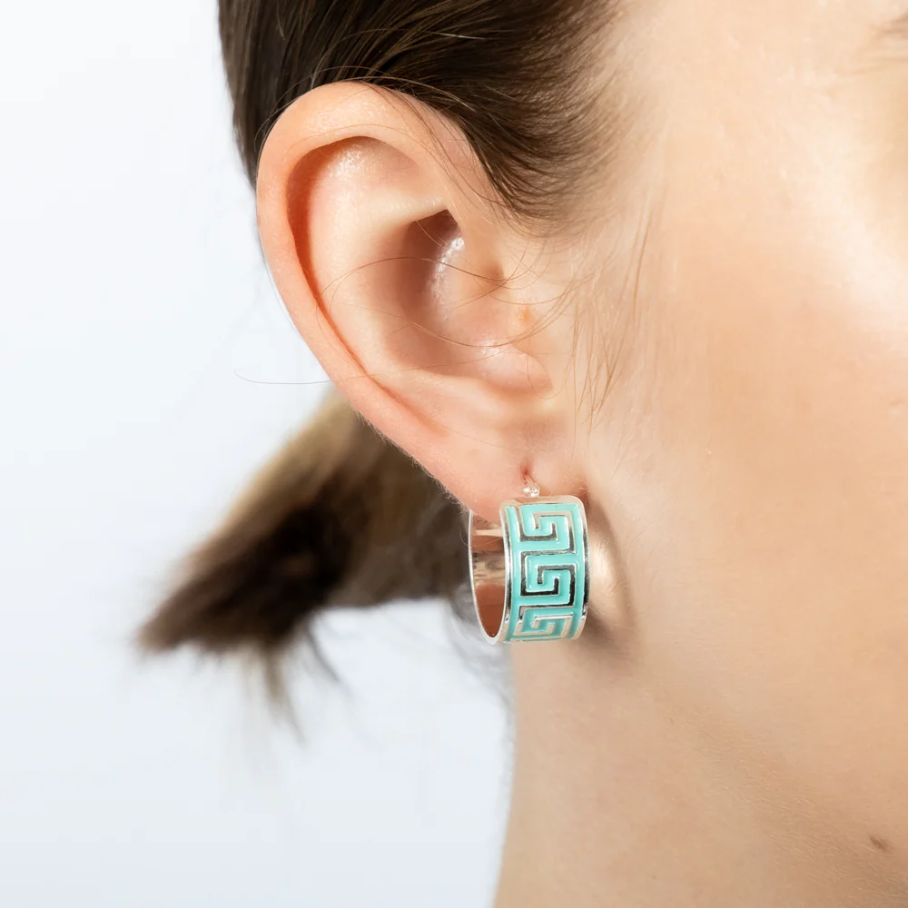 Sterling Silver Aqua Enamel Greek Key Wide 18mm Hoop Earrings - Image 2