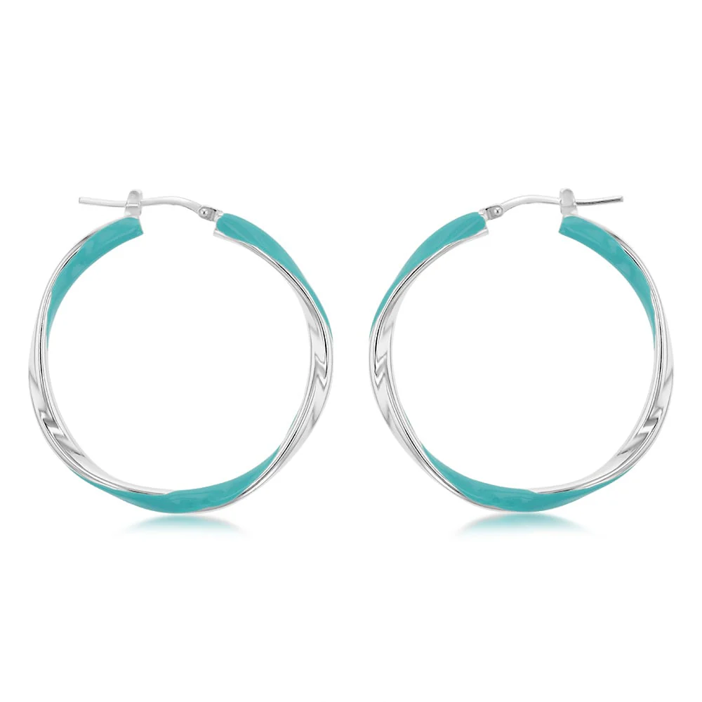 Sterling Silver Aqua Enamel On Twisted Hoop Earrings