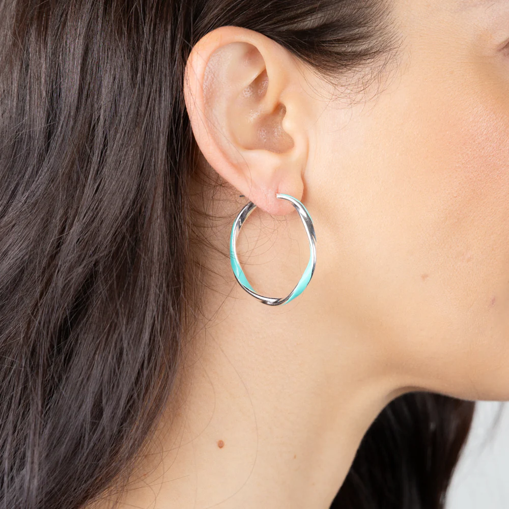 Sterling Silver Aqua Enamel On Twisted Hoop Earrings - Image 2