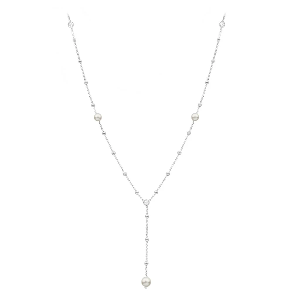 Sterling Silver Ball Link Simulated Pearl + Zirconia Y Chain