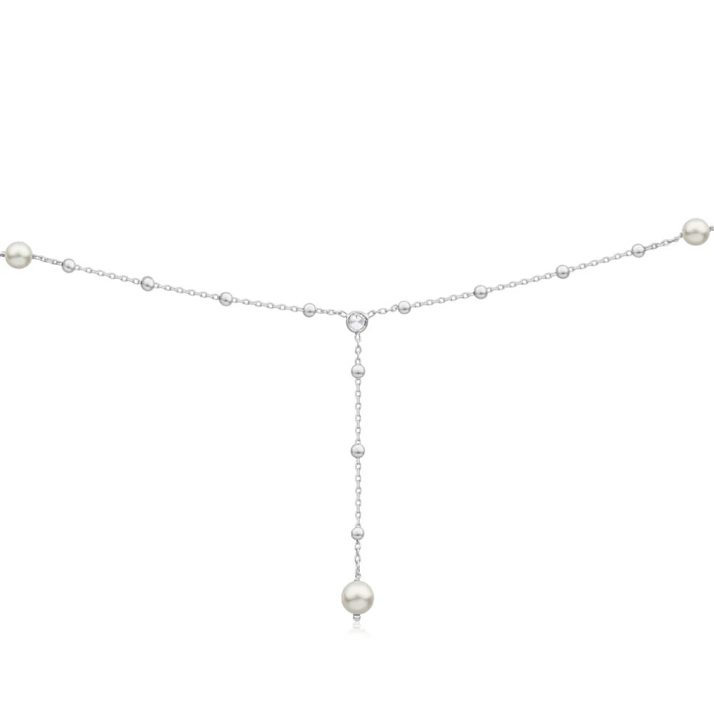 Sterling Silver Ball Link Simulated Pearl + Zirconia Y Chain - Image 2