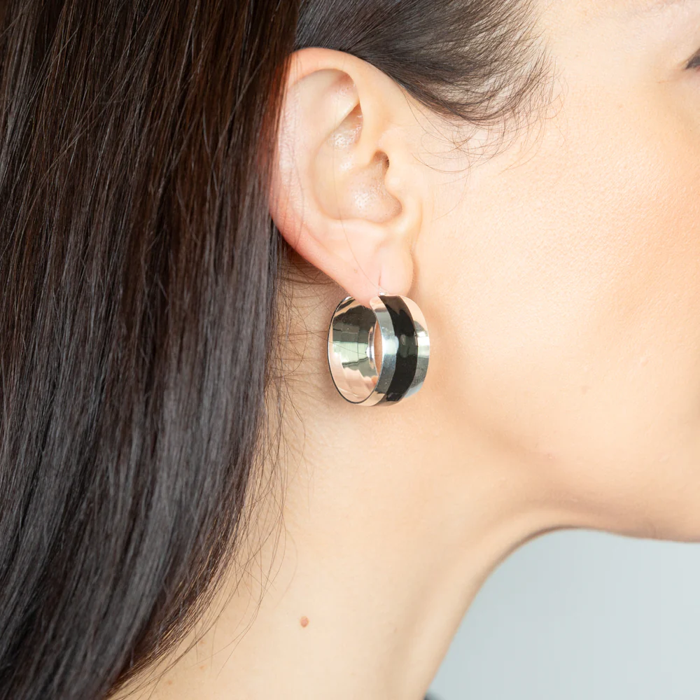 Sterling Silver Black Enamel On Broad 23mm Hoop Earrings - Image 2