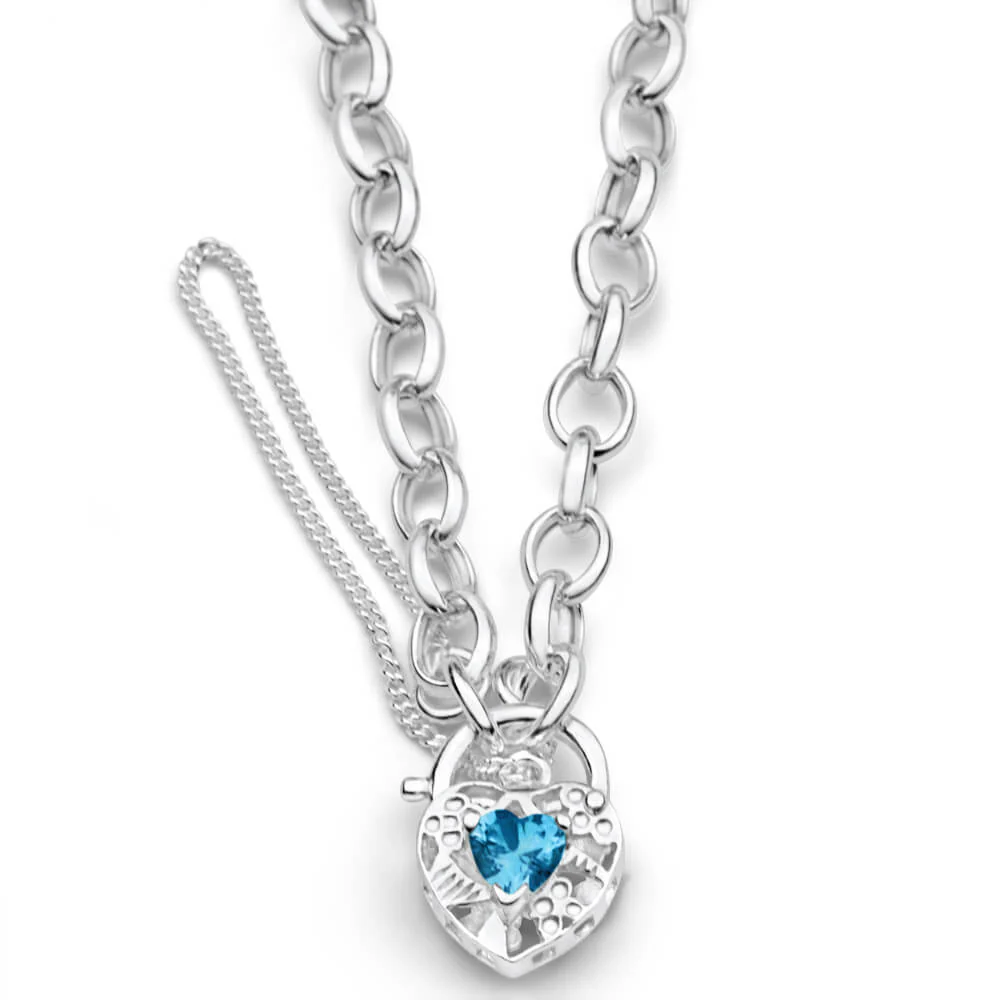 Sterling Silver Blue Cubic Zirconia Belcher Padlock Bracelet 19cm - Image 3