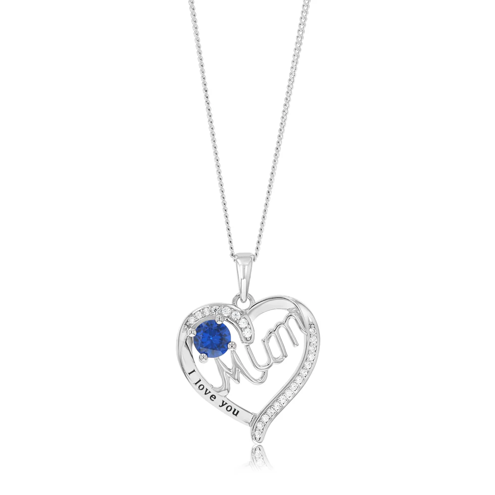 Sterling Silver Blue CZ 'Mum' Heart Pendant