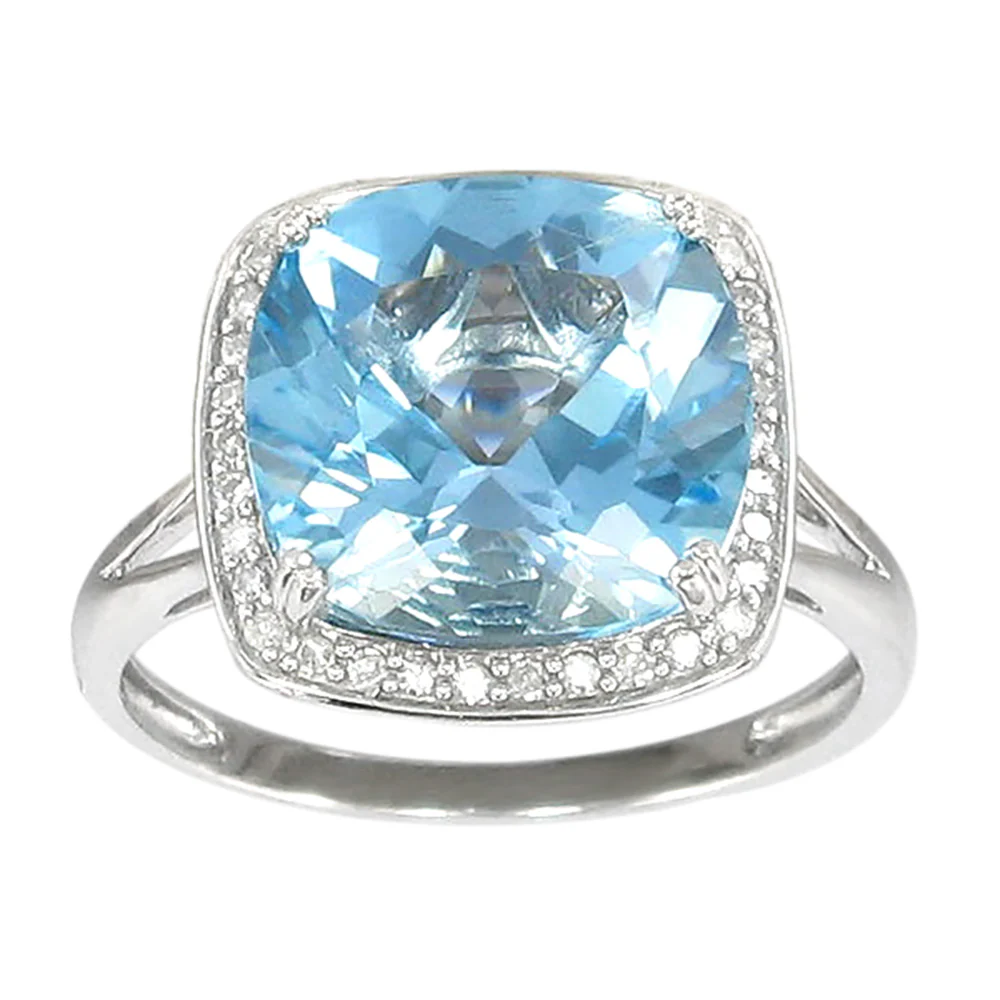 Sterling Silver Blue Topaz 12mm Cushion Cut & White Topaz Ring