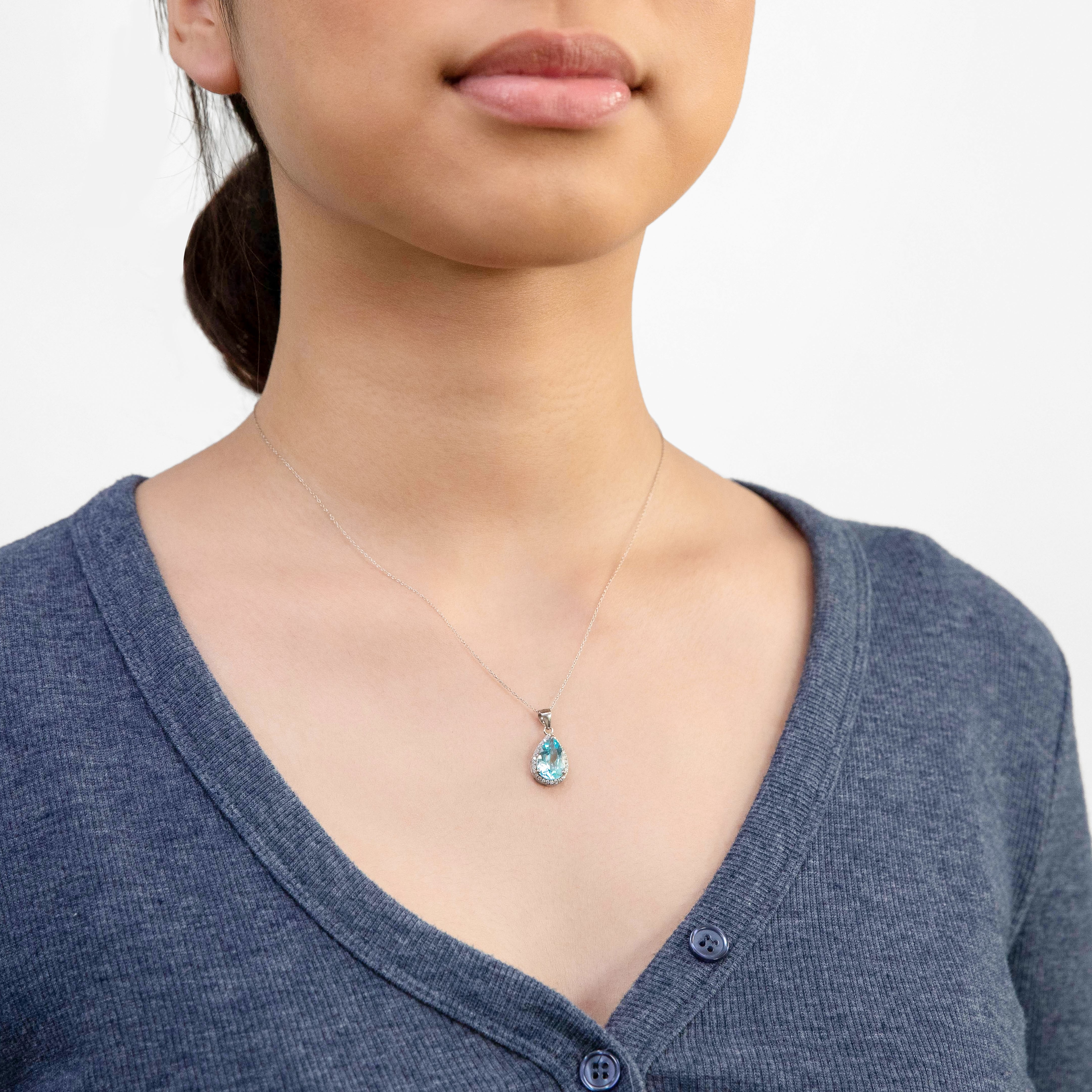 Sterling Silver Blue Topaz Pear 8x12mm and Zirconia Pendant with 45cm Chain - Image 2