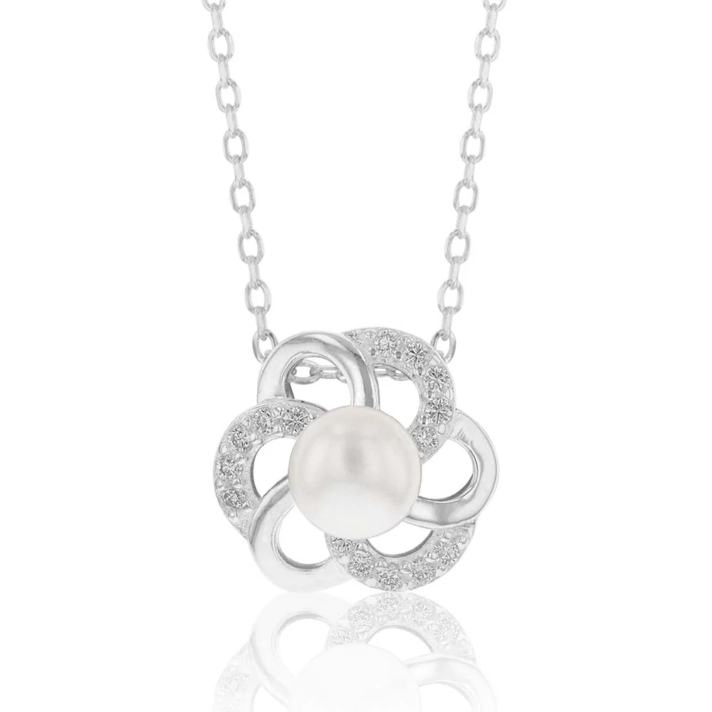 Sterling Silver Boxed Freshwater Pearl and Zirconia Flower Set with 45cm Chain - Image 2