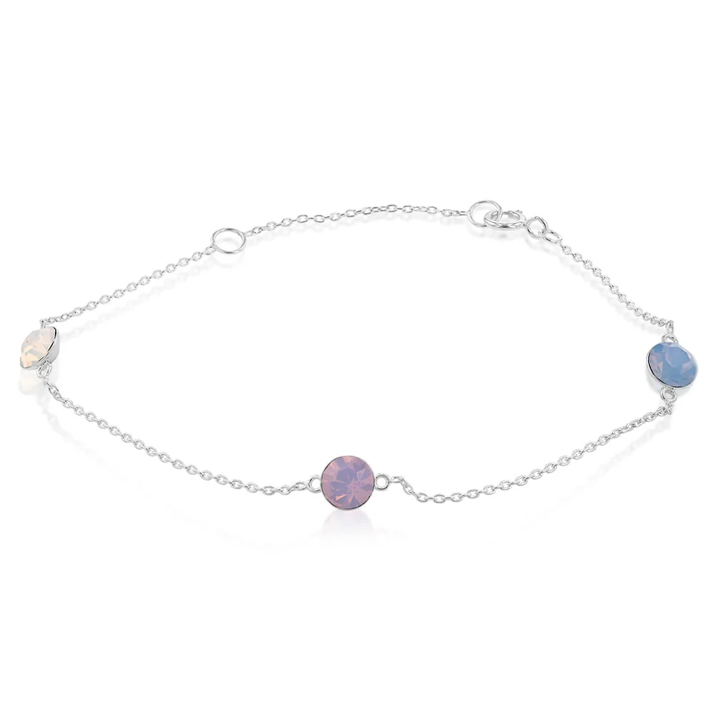 Sterling Silver Colour Stones Rose,White,Chrysolite Charm 19cm Bracelet