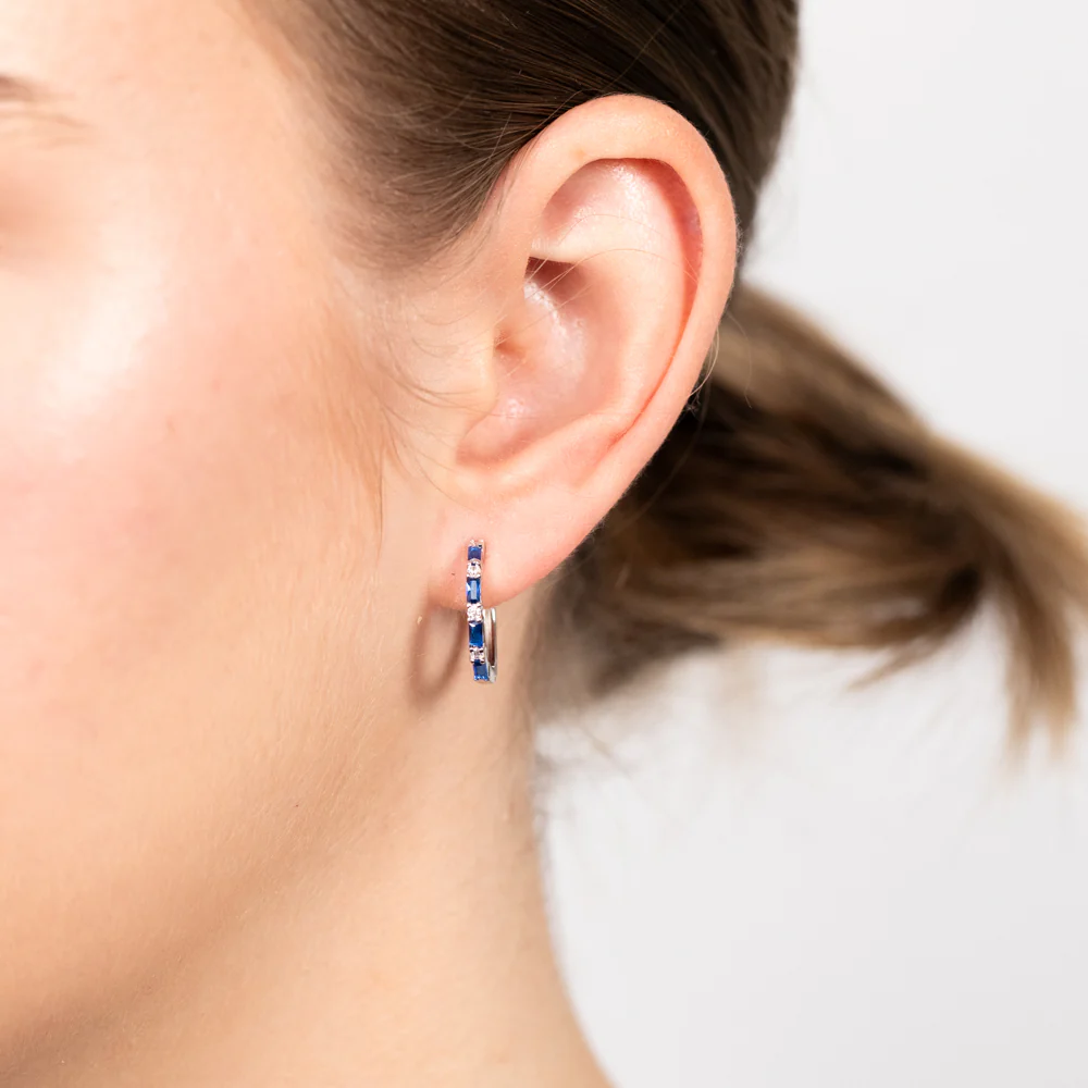 Sterling Silver Created Blue Sapphire Hoop Earrings - Image 2