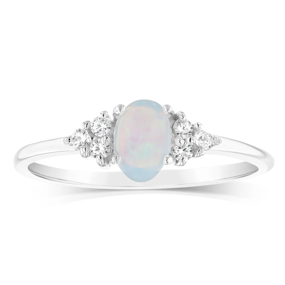Sterling Silver Created Opal White Cubic Zirconia Ring