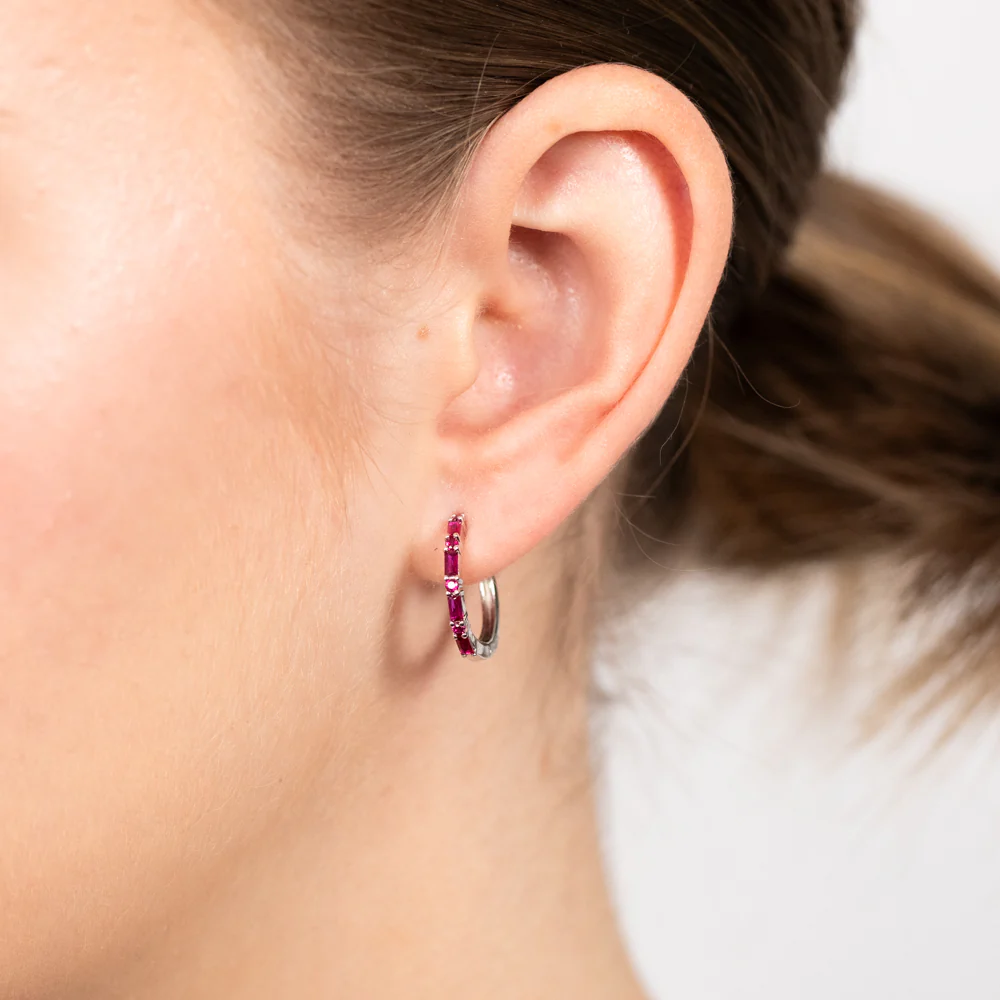Sterling Silver Created Ruby Hoop Earrings - Image 2