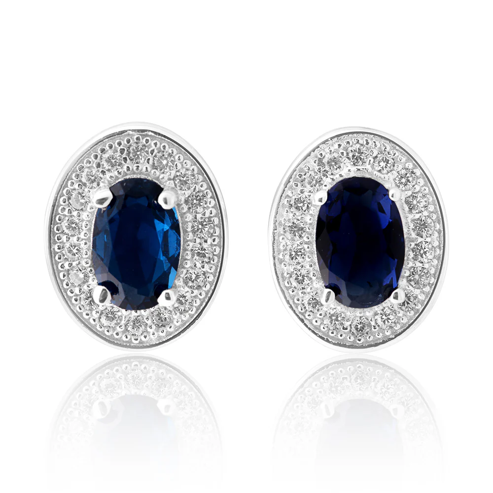 Sterling Silver Created Sapphire and Zirconia Oval Studs