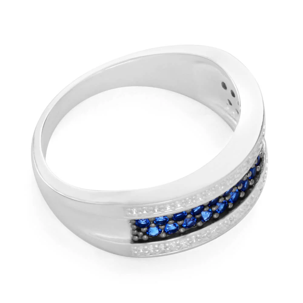 Sterling Silver Created Sapphire + Cubic Zirconia Stripe Ring - Image 2