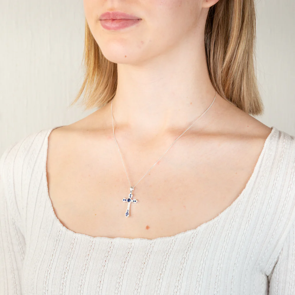 Sterling Silver Created Sapphire Fancy Cross Pendant - Image 2