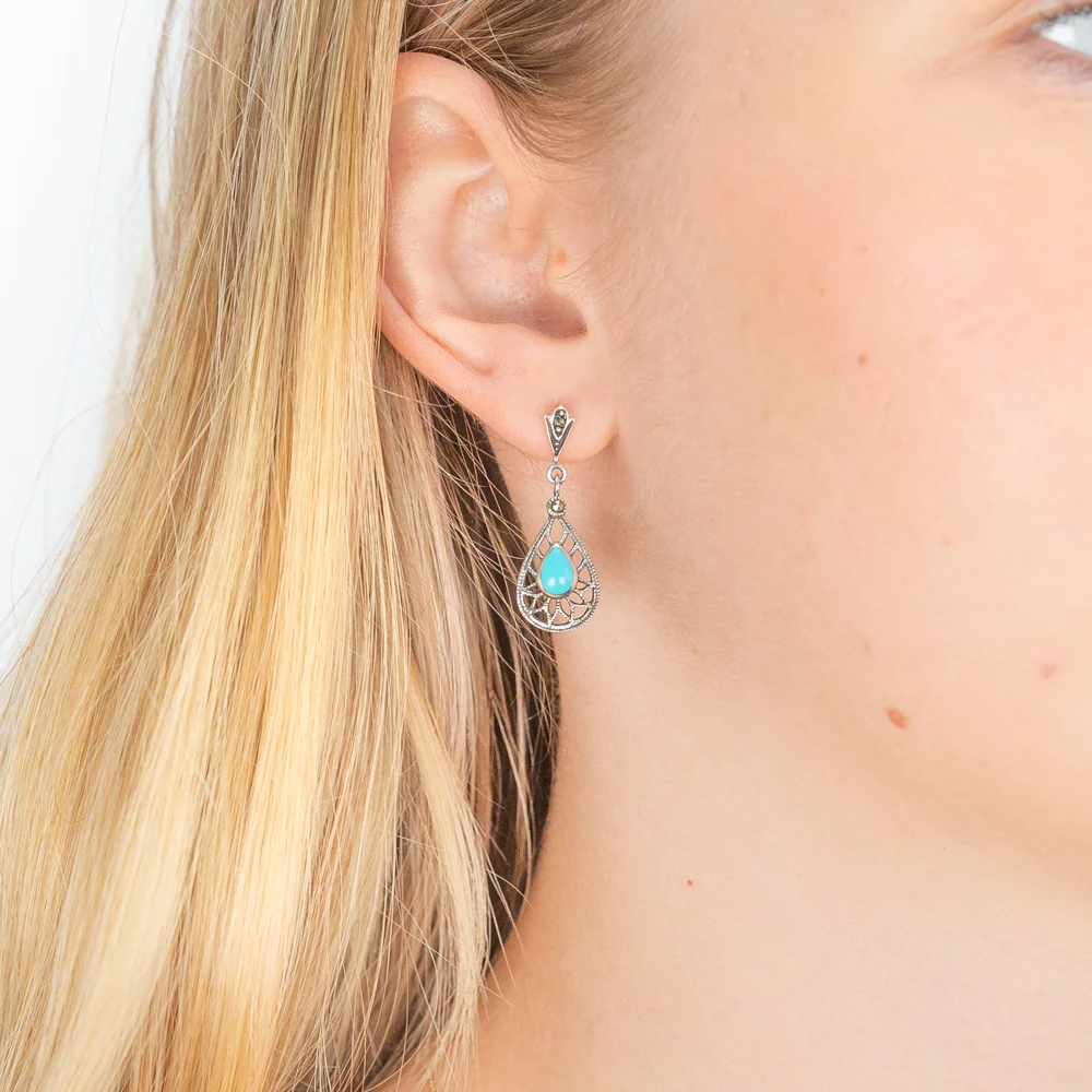 Sterling Silver Created Turquoise Classic Drop Earrings - Image 2