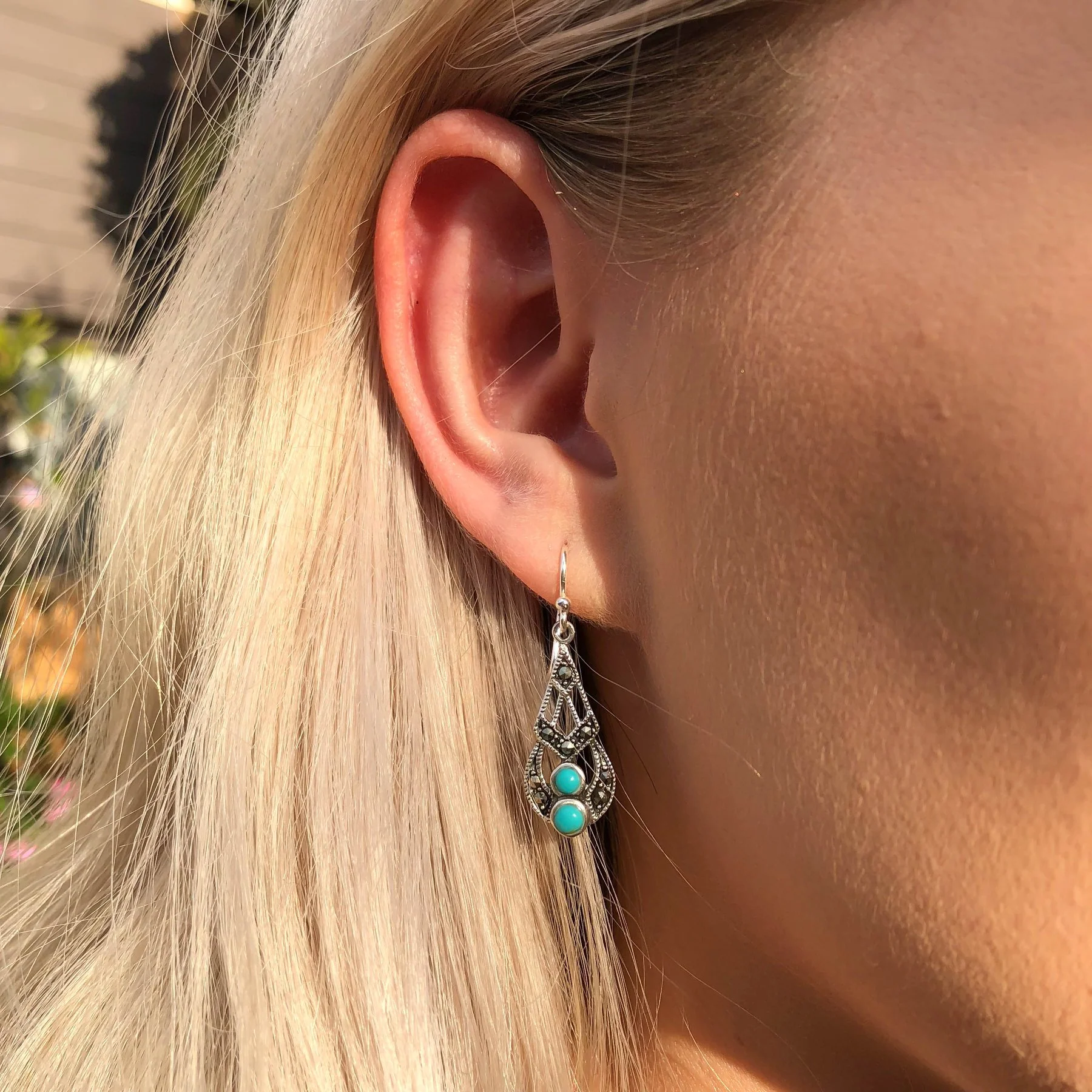 Sterling Silver Created Turquoise Vintage Drop Earrings - Image 2