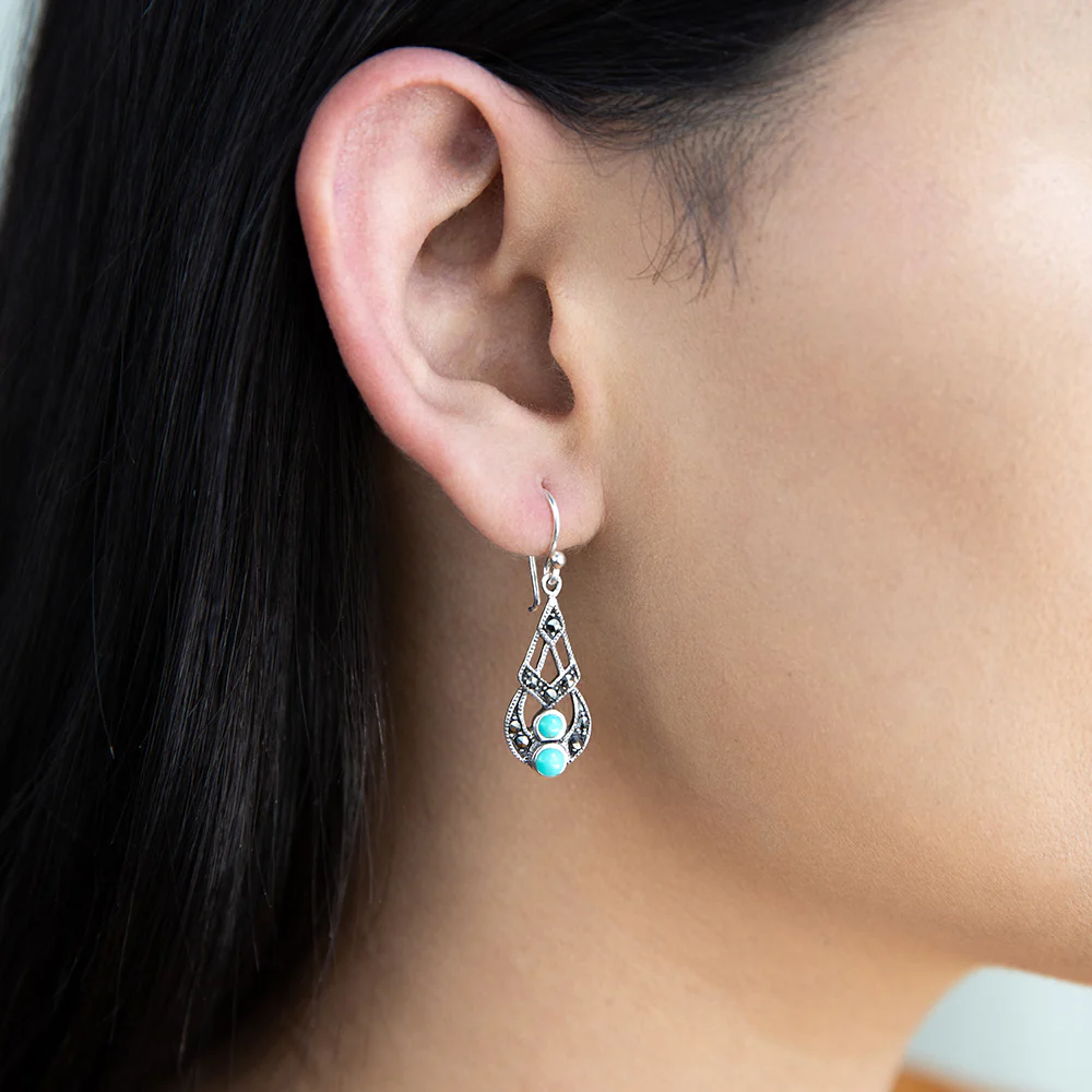 Sterling Silver Created Turquoise Vintage Drop Earrings - Image 3
