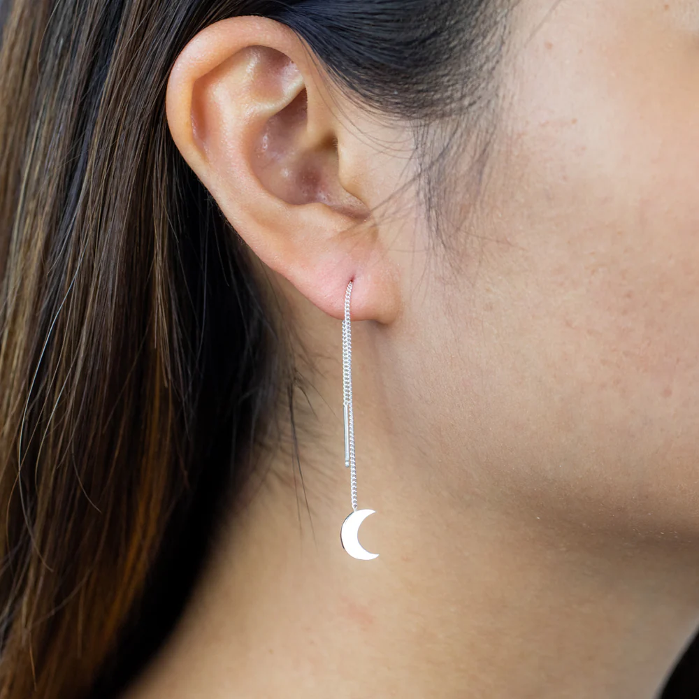 Sterling Silver Crescent Moon Threader Drop Earrings - Image 2