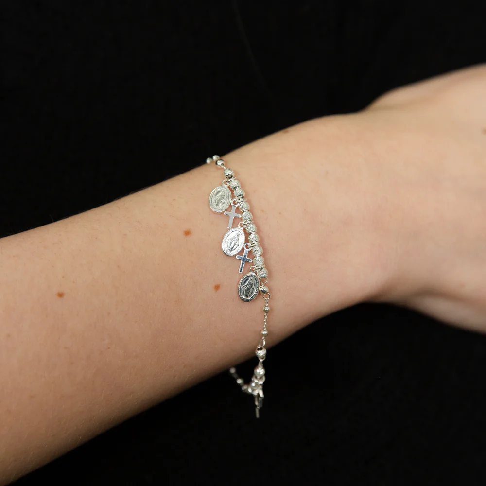 Sterling Silver Cross And Medallion Charm 19cm Bracelet - Image 3