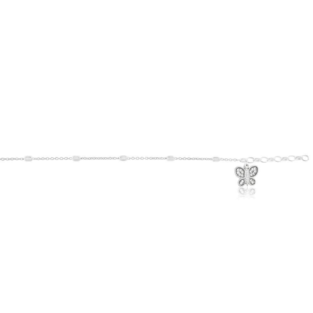 Sterling Silver Cubic Zirconia Charm Butterfly 26cm Anklet - Image 2