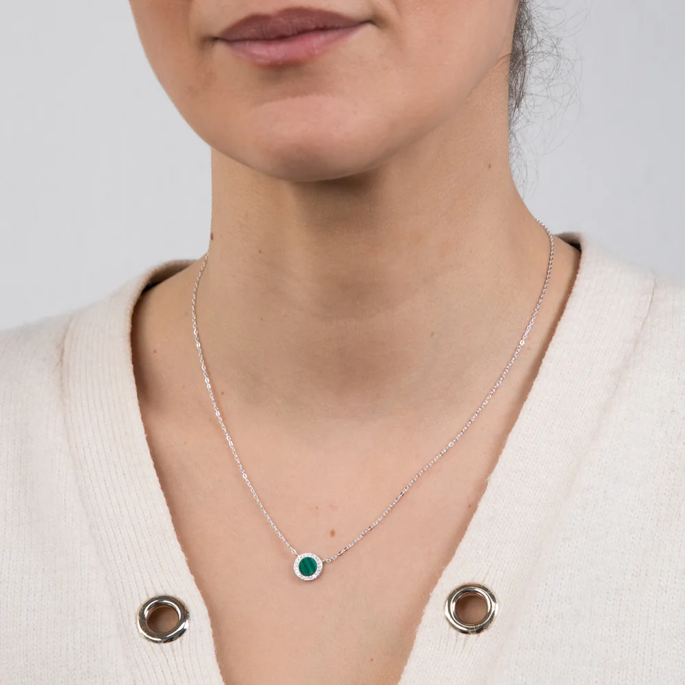Sterling Silver Cubic Zirconia Created Malachite Round Pendant On 45cm Chain - Image 2