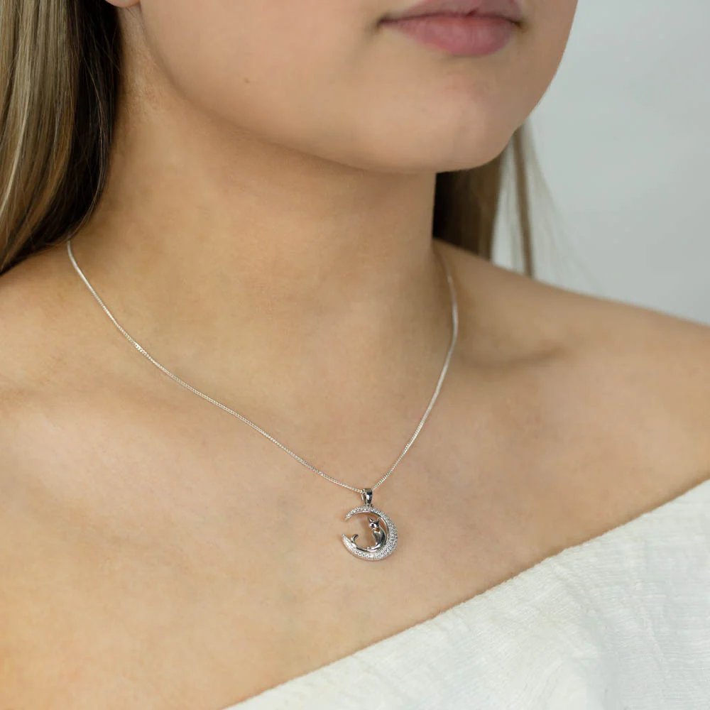 Sterling Silver Cubic Zirconia Crescent Moon with Cat Pendant - Image 2