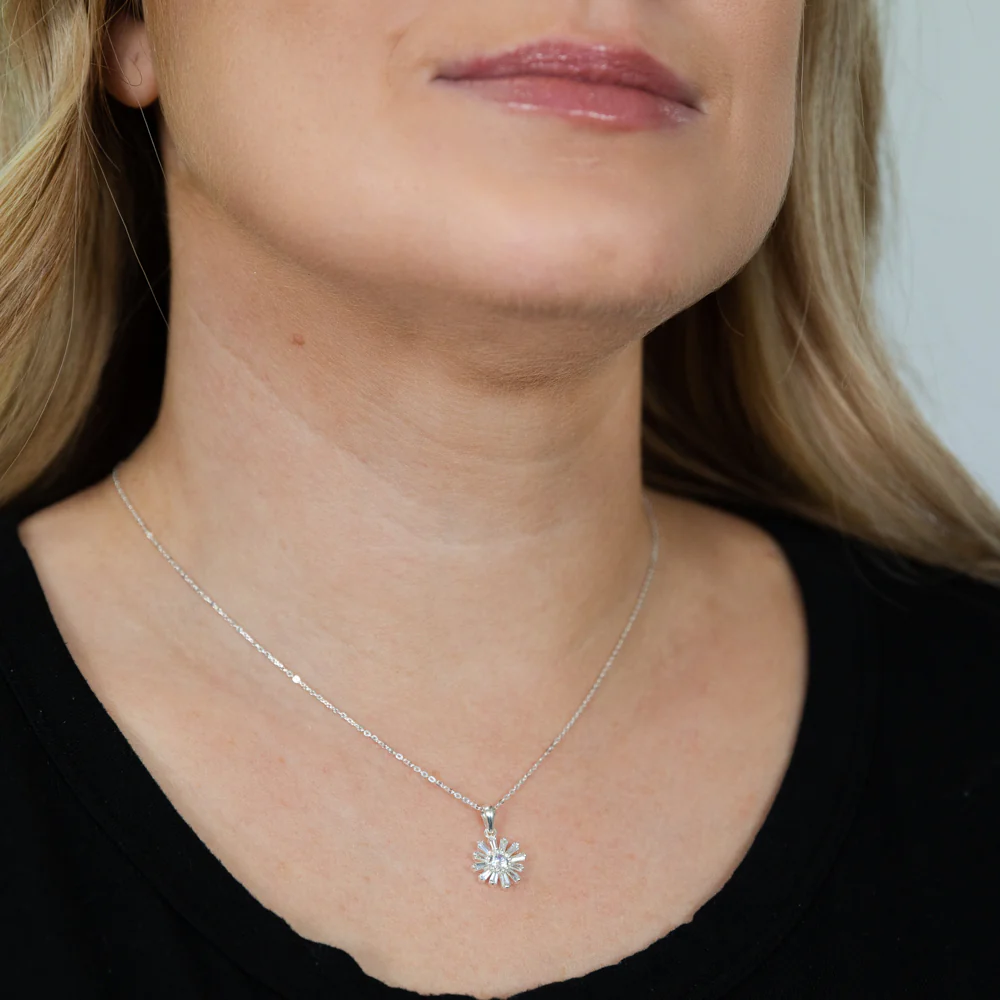 Sterling Silver Cubic Zirconia Flower Pendant On 42+3 cm Chain - Image 2