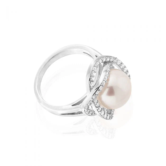 Sterling Silver Cubic Zirconia Freshwater Pearl Ring - Image 2