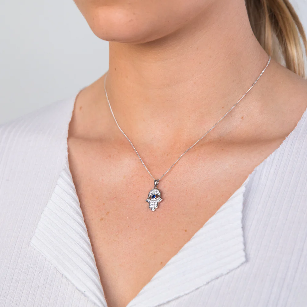 Sterling Silver Cubic Zirconia Hamsa Evil Eye Pendant - Image 2