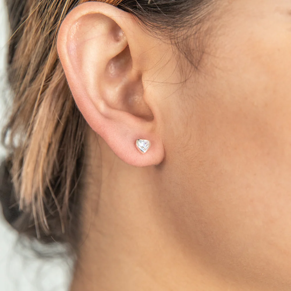 Sterling Silver Cubic Zirconia Heart Stud Earrings - Image 2