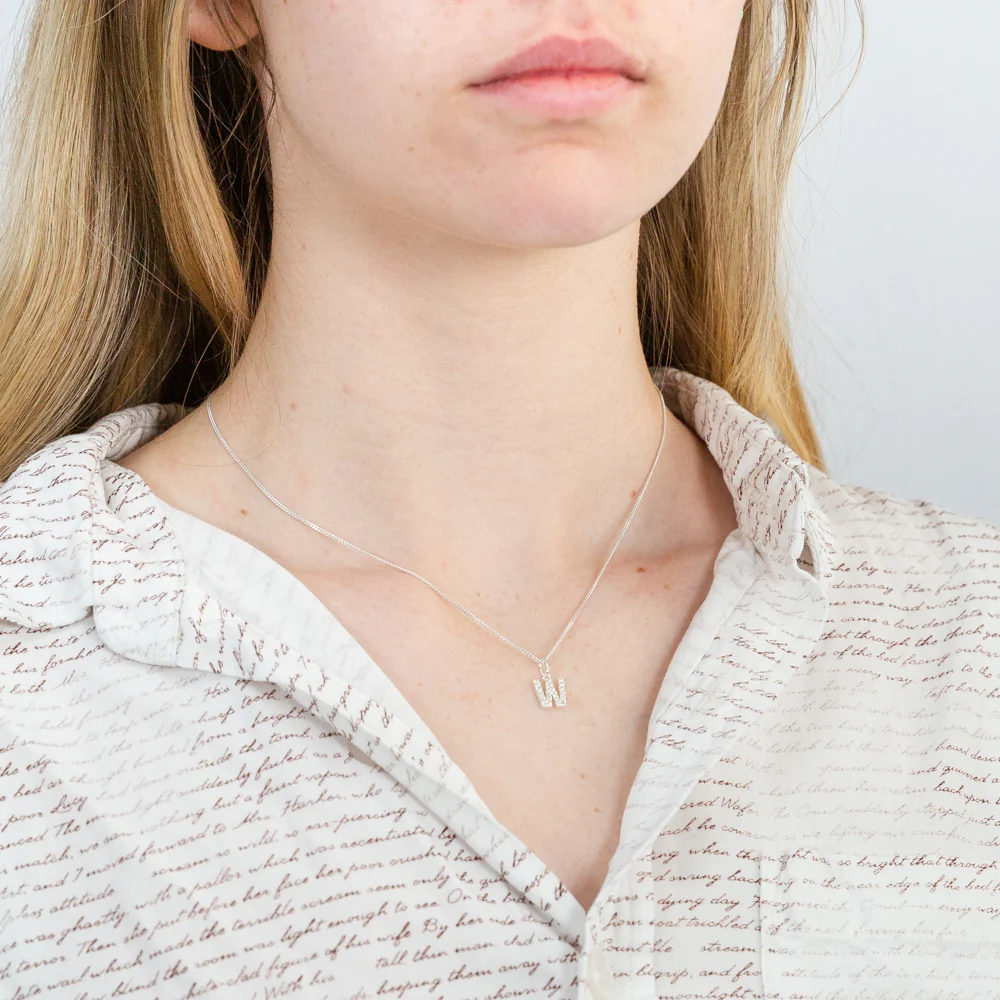 Sterling Silver Cubic Zirconia Initial "W" Pendant - Image 2
