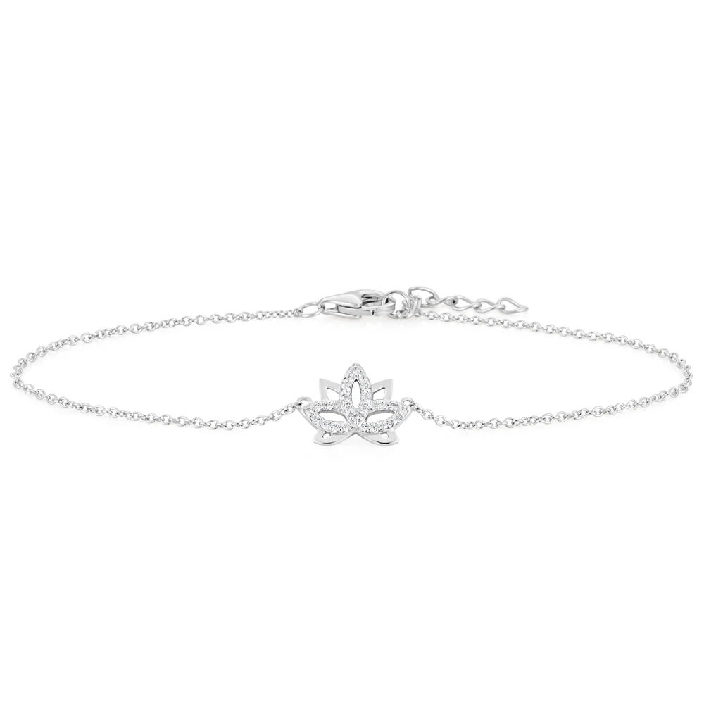 Sterling Silver Cubic Zirconia Lotus Charm Bracelet 17cm + 2cm extender - Image 2