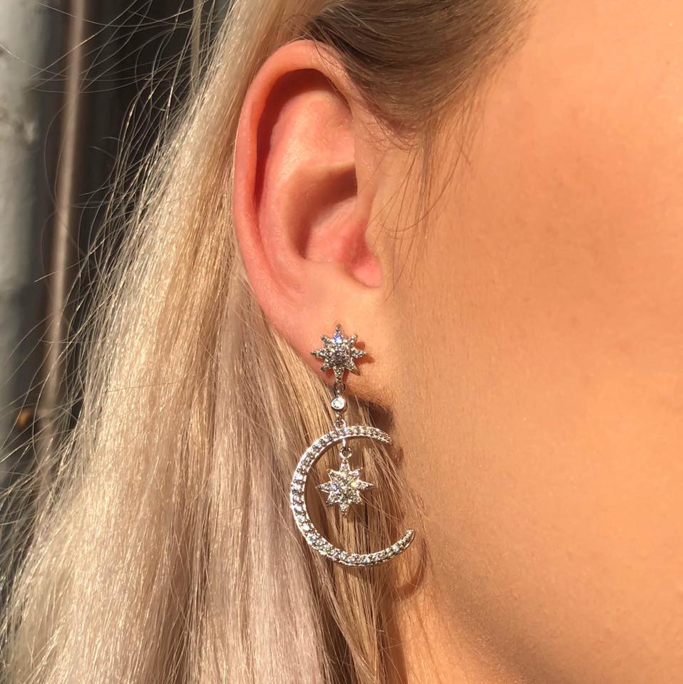 Sterling Silver Cubic Zirconia Moon & Star Drop Earrings - Image 3