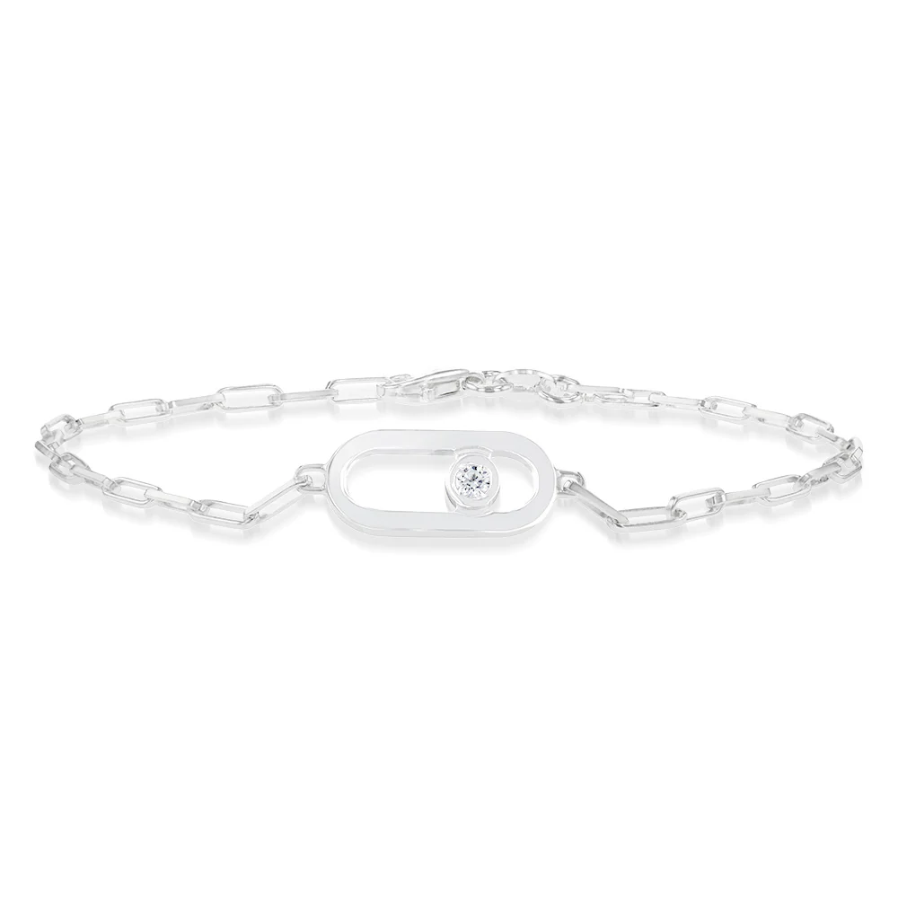 Sterling Silver Cubic Zirconia On Chunky Link 19cm Paperclip Bracelet