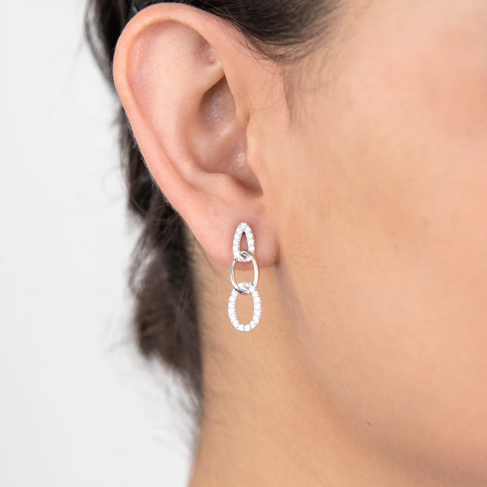 Sterling Silver Cubic Zirconia On Link Rhodium Plated Stud Earrings - Image 2