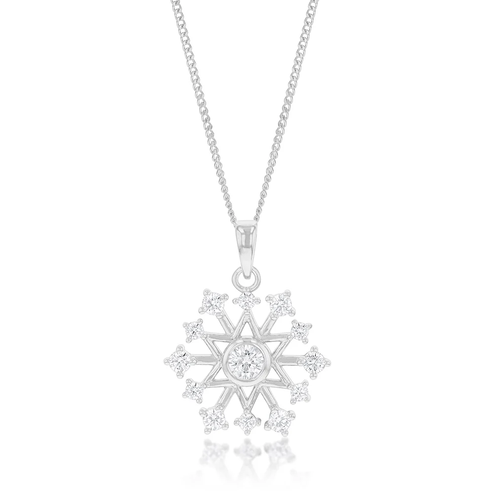 Sterling Silver Cubic Zirconia On Snowflake Pendant