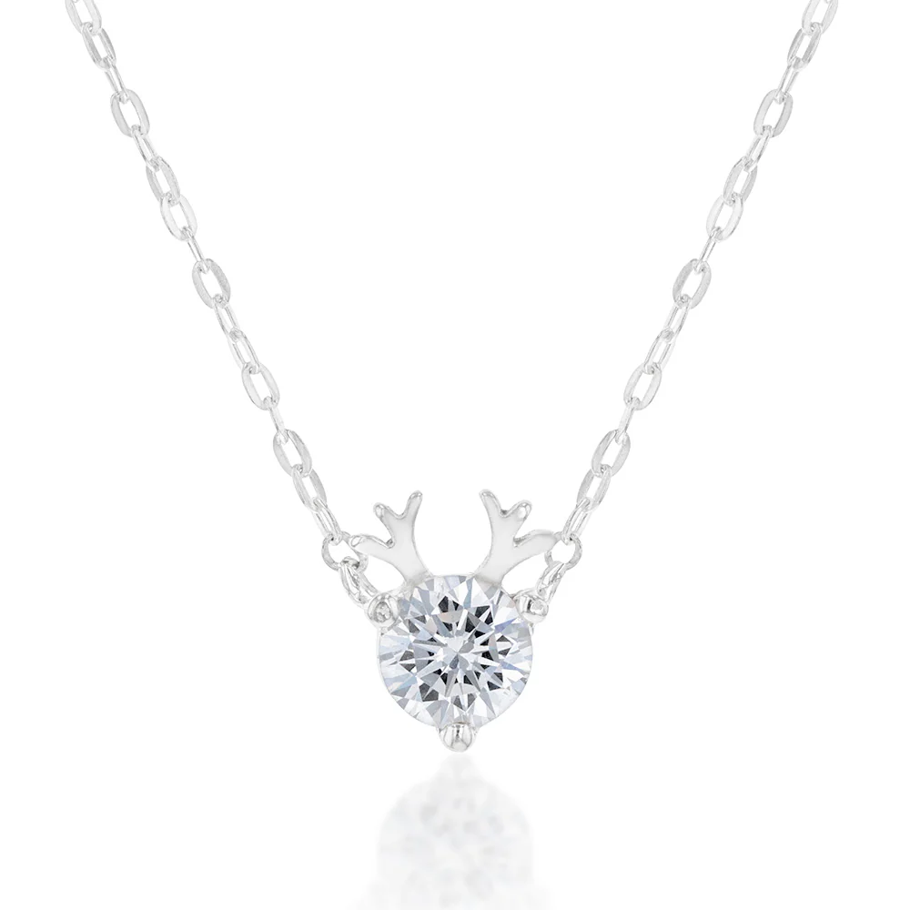Sterling Silver Cubic Zirconia Reindeer Pendant On 45cm Chain