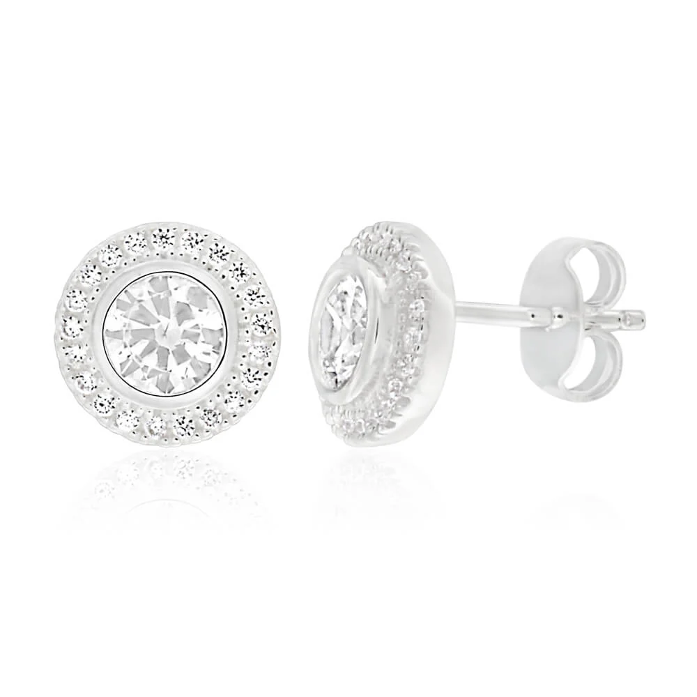 Sterling Silver Cubic Zirconia Round Halo Stud Earrings
