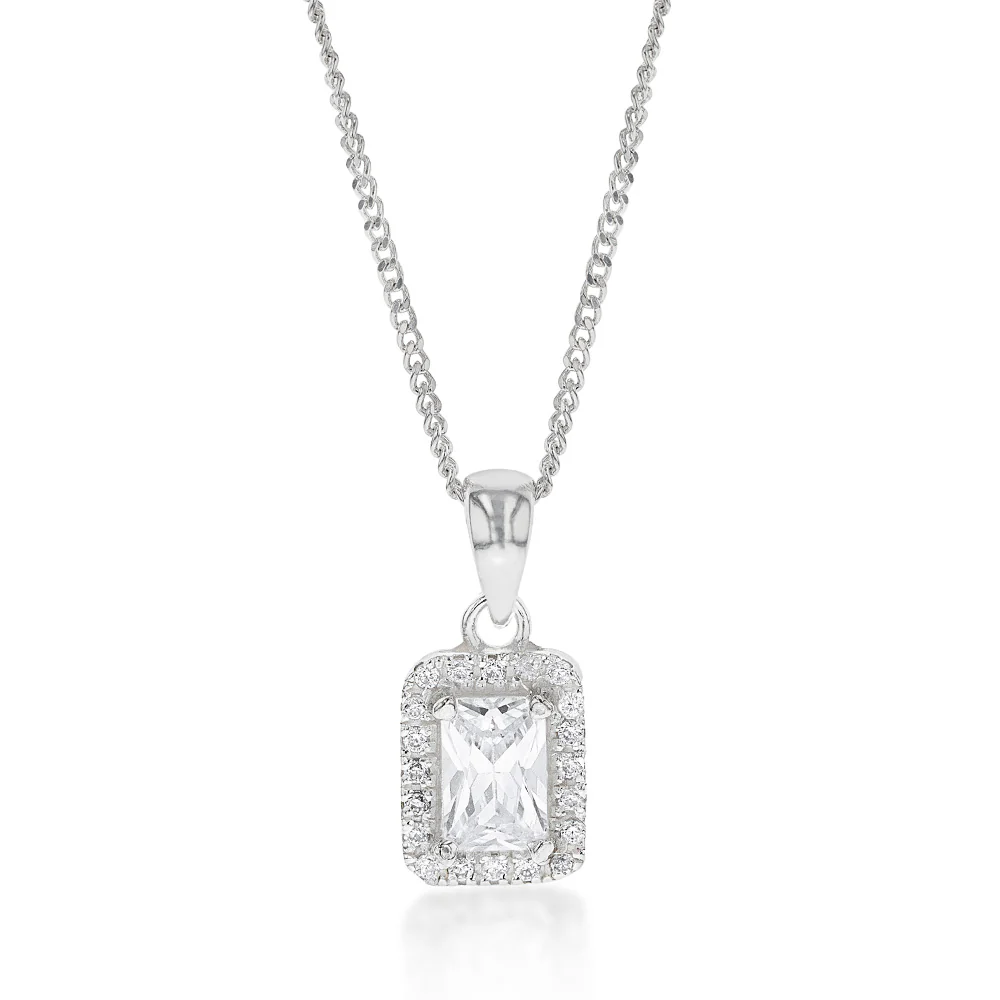 Sterling Silver Cubic Zirconia Square Halo Pendant
