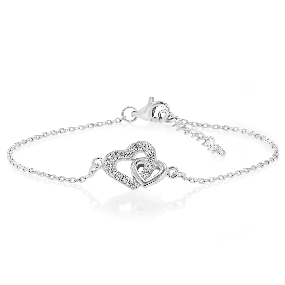 Sterling Silver CZ Double Heart Bracelet