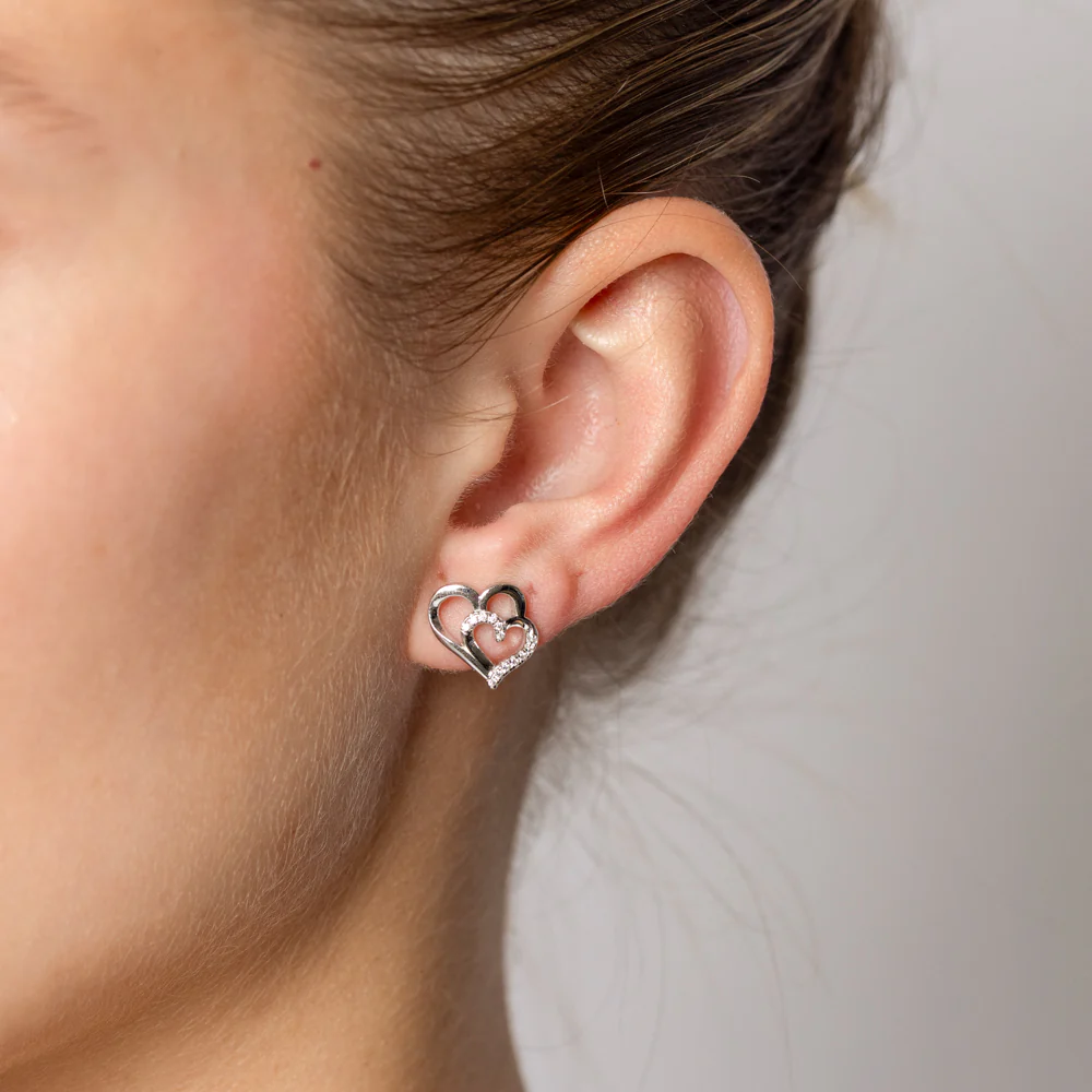 Sterling Silver CZ Double Heart Stud Earrings - Image 2